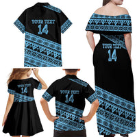 Fiji Rugby 2025 Custom Family Matching Off Shoulder Maxi Dress and Hawaiian Shirt Fijian Tapa Toso Viti Toso - Black