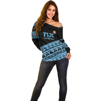 Fiji Rugby 2025 Custom Off Shoulder Sweater Fijian Tapa Toso Viti Toso - Black