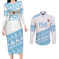 Fiji Rugby 2025 Custom Couples Matching Long Sleeve Bodycon Dress and Long Sleeve Button Shirt Fijian Tapa Toso Viti Toso - White