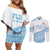 Fiji Rugby 2025 Custom Couples Matching Off Shoulder Short Dress and Long Sleeve Button Shirt Fijian Tapa Toso Viti Toso - White