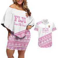 Fiji Rugby 2025 Custom Couples Matching Off Shoulder Short Dress and Hawaiian Shirt Fijian Tapa Toso Viti Toso - Pink