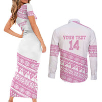 Fiji Rugby 2025 Custom Couples Matching Short Sleeve Bodycon Dress and Long Sleeve Button Shirt Fijian Tapa Toso Viti Toso - Pink
