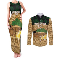 Bula Fiji Kava Bowl Couples Matching Tank Maxi Dress and Long Sleeve Button Shirt Fijian Tapa Cloth Vintage Vibe