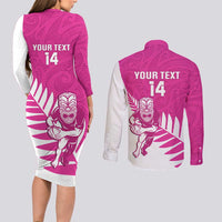 New Zealand Silver Fern Rugby Custom Couples Matching Long Sleeve Bodycon Dress and Long Sleeve Button Shirt Go All Black Maori Pink Version