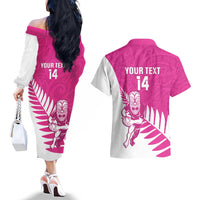 New Zealand Silver Fern Rugby Custom Couples Matching Off The Shoulder Long Sleeve Dress and Hawaiian Shirt Go All Black Maori Pink Version