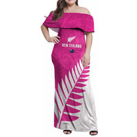 New Zealand Silver Fern Rugby Custom Family Matching Off Shoulder Maxi Dress and Hawaiian Shirt Go All Black Maori Pink Version