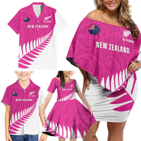 New Zealand Silver Fern Rugby Custom Family Matching Off Shoulder Short Dress and Hawaiian Shirt Go All Black Maori Pink Version