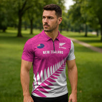New Zealand Silver Fern Rugby Custom Zipper Polo Shirt Go All Black Maori Pink Version - Polynesian Pride
