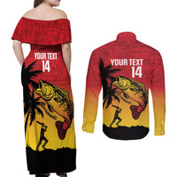 Custom Papua New Guinea Cricket Couples Matching Off Shoulder Maxi Dress and Long Sleeve Button Shirt PNG Barramundis - Polynesian Pride