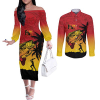 Custom Papua New Guinea Cricket Couples Matching Off The Shoulder Long Sleeve Dress and Long Sleeve Button Shirt PNG Barramundis - Polynesian Pride