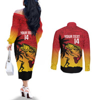 Custom Papua New Guinea Cricket Couples Matching Off The Shoulder Long Sleeve Dress and Long Sleeve Button Shirt PNG Barramundis - Polynesian Pride