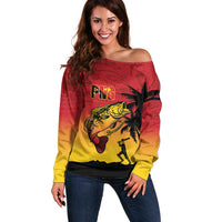Custom Papua New Guinea Cricket Off Shoulder Sweater PNG Barramundis - Polynesian Pride