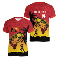 Custom Papua New Guinea Cricket Women V-Neck T-Shirt PNG Barramundis - Polynesian Pride