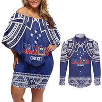 Custom Samoa Cricket Couples Matching Off Shoulder Short Dress and Long Sleeve Button Shirt Go Champions Samoan - Polynesian Pride