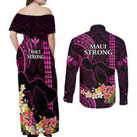 Hawaii Couples Matching Off Shoulder Maxi Dress and Long Sleeve Button Shirts Pray For Maui Hawaiian Plumeria Be Strong Pink Verison LT14 - Polynesian Pride