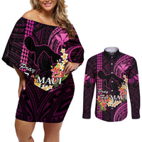 Hawaii Couples Matching Off Shoulder Short Dress and Long Sleeve Button Shirts Pray For Maui Hawaiian Plumeria Be Strong Pink Verison LT14 Pink - Polynesian Pride