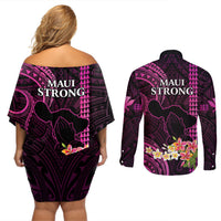 Hawaii Couples Matching Off Shoulder Short Dress and Long Sleeve Button Shirts Pray For Maui Hawaiian Plumeria Be Strong Pink Verison LT14 - Polynesian Pride
