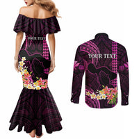 Personalised Hawaii Couples Matching Mermaid Dress and Long Sleeve Button Shirts Pray For Maui Hawaiian Plumeria Be Strong Pink Verison LT14 - Polynesian Pride