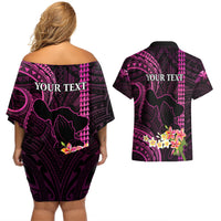 Personalised Hawaii Couples Matching Off Shoulder Short Dress and Hawaiian Shirt Pray For Maui Hawaiian Plumeria Be Strong Pink Verison LT14 - Polynesian Pride