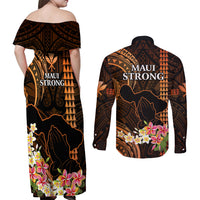 Hawaii Couples Matching Off Shoulder Maxi Dress and Long Sleeve Button Shirts Pray For Maui Hawaiian Plumeria Be Strong Gold Verison LT14 - Polynesian Pride
