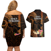 Hawaii Couples Matching Off Shoulder Short Dress and Hawaiian Shirt Pray For Maui Hawaiian Plumeria Be Strong Gold Verison LT14 - Polynesian Pride