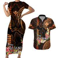 Personalised Hawaii Couples Matching Short Sleeve Bodycon Dress and Hawaiian Shirt Pray For Maui Hawaiian Plumeria Be Strong Gold Verison LT14 Gold - Polynesian Pride