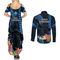 Hawaii Couples Matching Summer Maxi Dress and Long Sleeve Button Shirts Pray For Maui Hawaiian Plumeria Be Strong Blue Verison LT14 - Polynesian Pride