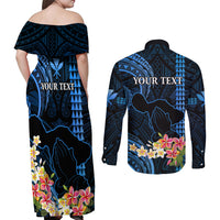 Personalised Hawaii Couples Matching Off Shoulder Maxi Dress and Long Sleeve Button Shirts Pray For Maui Hawaiian Plumeria Be Strong Blue Verison LT14 - Polynesian Pride