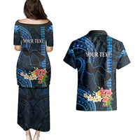 Personalised Hawaii Couples Matching Puletasi Dress and Hawaiian Shirt Pray For Maui Hawaiian Plumeria Be Strong Blue Verison LT14 - Polynesian Pride