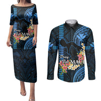 Personalised Hawaii Couples Matching Puletasi Dress and Long Sleeve Button Shirts Pray For Maui Hawaiian Plumeria Be Strong Blue Verison LT14 Blue - Polynesian Pride