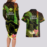 Hawaii Couples Matching Long Sleeve Bodycon Dress and Hawaiian Shirt Pray For Maui Hawaiian Plumeria Be Strong Reggae Verison LT14 - Polynesian Pride