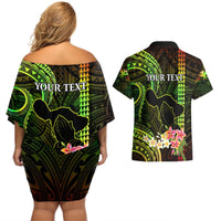 Personalised Hawaii Couples Matching Off Shoulder Short Dress and Hawaiian Shirt Pray For Maui Hawaiian Plumeria Be Strong Reggae Verison LT14 - Polynesian Pride