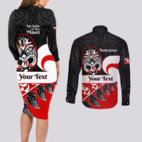 Personalised Te Reo Maori New Zealand Couples Matching Long Sleeve Bodycon Dress and Long Sleeve Button Shirts Kia Haka Maori Fern With Tino Rangatiratanga LT14 - Polynesian Pride