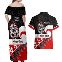 Personalised Te Reo Maori New Zealand Couples Matching Off Shoulder Maxi Dress and Hawaiian Shirt Kia Haka Maori Fern With Tino Rangatiratanga LT14 - Polynesian Pride
