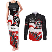 Personalised Te Reo Maori New Zealand Couples Matching Tank Maxi Dress and Long Sleeve Button Shirts Kia Haka Maori Fern With Tino Rangatiratanga LT14 Red - Polynesian Pride