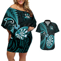 New Zealand Darts Couples Matching Off Shoulder Short Dress and Hawaiian Shirt Happiness Is A Tight Threesome Maori Turquoise LT14 Turquoise - Polynesian Pride