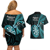 New Zealand Darts Couples Matching Off Shoulder Short Dress and Hawaiian Shirt Happiness Is A Tight Threesome Maori Turquoise LT14 - Polynesian Pride