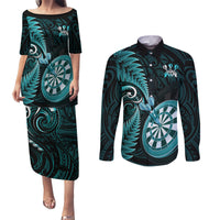 New Zealand Darts Couples Matching Puletasi Dress and Long Sleeve Button Shirts Happiness Is A Tight Threesome Maori Turquoise LT14 Turquoise - Polynesian Pride