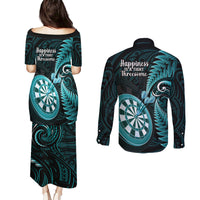 New Zealand Darts Couples Matching Puletasi Dress and Long Sleeve Button Shirts Happiness Is A Tight Threesome Maori Turquoise LT14 - Polynesian Pride