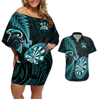 Personalised New Zealand Darts Couples Matching Off Shoulder Short Dress and Hawaiian Shirt Happiness Is A Tight Threesome Maori Turquoise LT14 Turquoise - Polynesian Pride