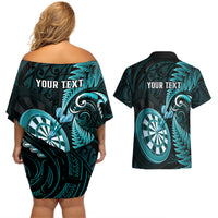 Personalised New Zealand Darts Couples Matching Off Shoulder Short Dress and Hawaiian Shirt Happiness Is A Tight Threesome Maori Turquoise LT14 - Polynesian Pride