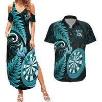 Personalised New Zealand Darts Couples Matching Summer Maxi Dress and Hawaiian Shirt Happiness Is A Tight Threesome Maori Turquoise LT14 Turquoise - Polynesian Pride