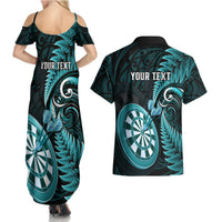 Personalised New Zealand Darts Couples Matching Summer Maxi Dress and Hawaiian Shirt Happiness Is A Tight Threesome Maori Turquoise LT14 - Polynesian Pride