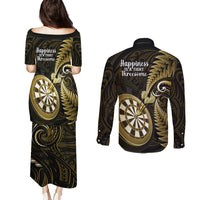New Zealand Darts Couples Matching Puletasi Dress and Long Sleeve Button Shirts Happiness Is A Tight Threesome Maori Gold LT14 - Polynesian Pride