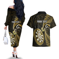 Personalised New Zealand Darts Couples Matching Off The Shoulder Long Sleeve Dress and Hawaiian Shirt Happiness Is A Tight Threesome Maori Gold LT14 - Polynesian Pride
