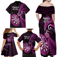 New Zealand Darts Family Matching Off Shoulder Maxi Dress and Hawaiian Shirt Happiness Is A Tight Threesome Maori Pink LT14 - Polynesian Pride