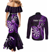 Personalised New Zealand Darts Couples Matching Mermaid Dress and Long Sleeve Button Shirts Happiness Is A Tight Threesome Maori Purple LT14 - Polynesian Pride