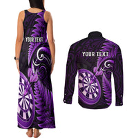 Personalised New Zealand Darts Couples Matching Tank Maxi Dress and Long Sleeve Button Shirts Happiness Is A Tight Threesome Maori Purple LT14 - Polynesian Pride