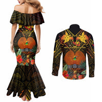 Papua New Guinea Central Province Couples Matching Mermaid Dress and Long Sleeve Button Shirts Papua Niugini Coat Of Arms With Flag Style LT14 - Polynesian Pride