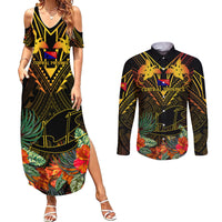 Papua New Guinea Central Province Couples Matching Summer Maxi Dress and Long Sleeve Button Shirts Papua Niugini Coat Of Arms With Flag Style LT14 Black - Polynesian Pride